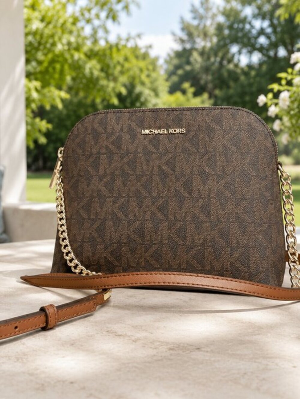 Michael Kors Cindy Large Dome Crossbody Brown MK Signature NWT